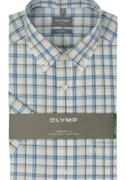 OLYMP comfort fit overhemd, korte mouw, popeline, wit met blauw en beige geruit