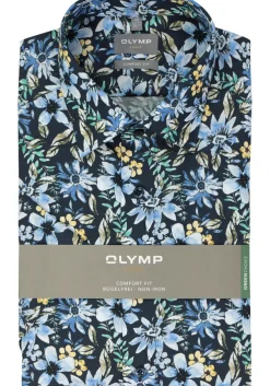 OLYMP comfort fit overhemd, korte mouw, popeline, donkerblauw met groen, geel en lichtblauw bloemen dessin