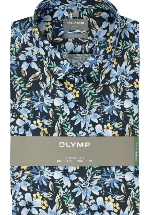 OLYMP comfort fit overhemd, korte mouw, popeline, donkerblauw met groen, geel en lichtblauw bloemen dessin
