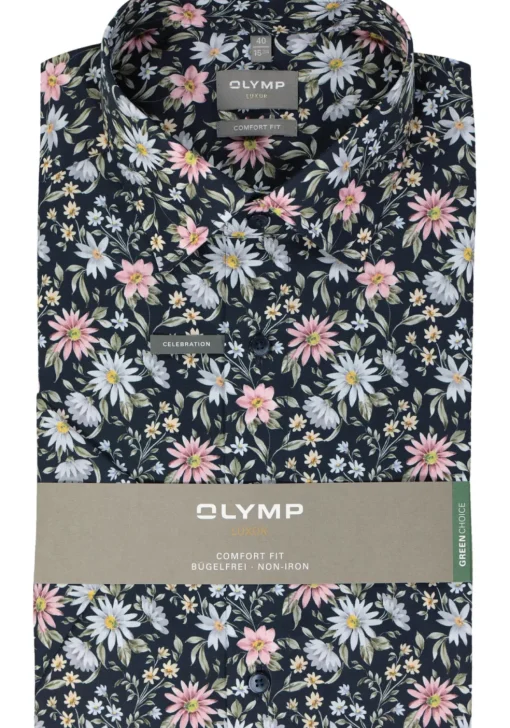 OLYMP comfort fit overhemd, korte mouw, popeline, marine blauw dessin