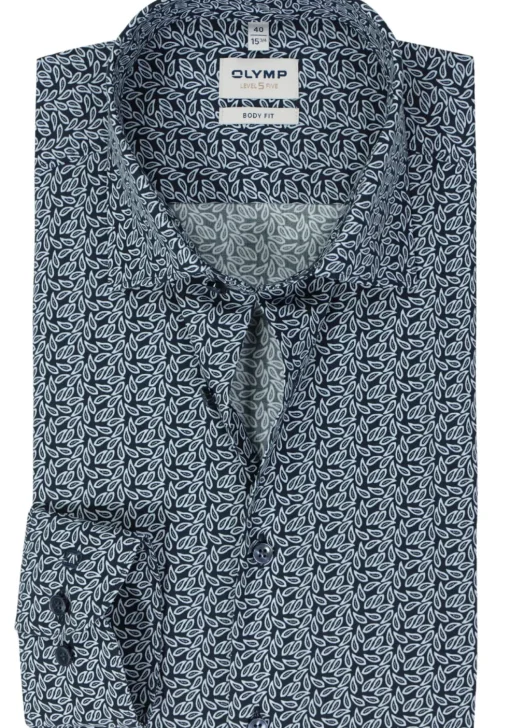 OLYMP Level 5 body fit overhemd, mouwlengte 7, popeline, marine blauw dessin