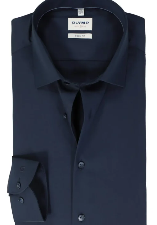 OLYMP Level 5 body fit overhemd, satijnbinding, donkerblauw