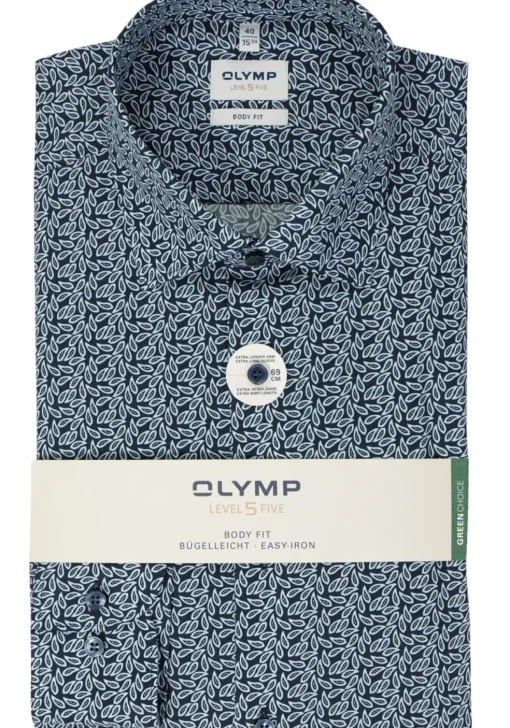 OLYMP Level 5 body fit overhemd, mouwlengte 7, popeline, marine blauw dessin