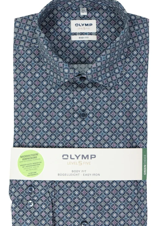 OLYMP Level 5 body fit overhemd, popeline, marine blauw dessin
