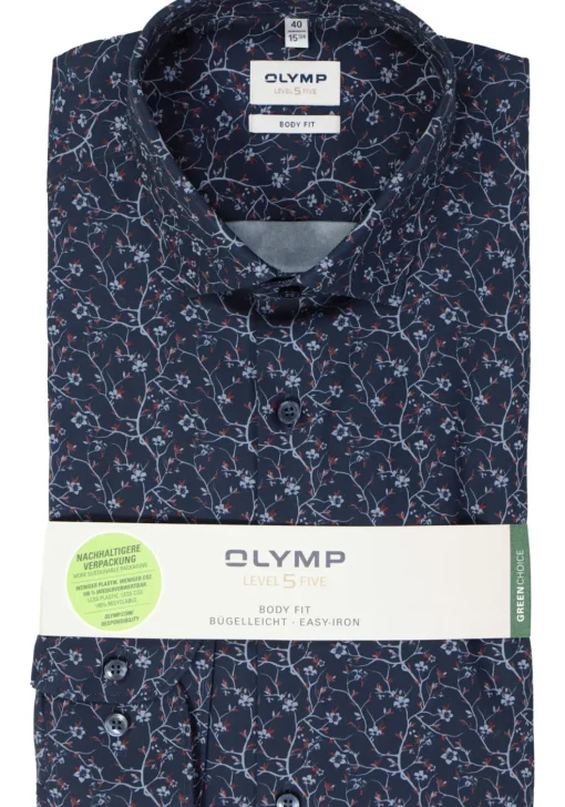 OLYMP Level 5 body fit overhemd, popeline, marine blauw dessin