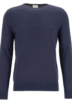 OLYMP Level 5 body fit trui wol met zijde, O-hals, marine blauw