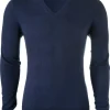 OLYMP Level 5 body fit trui wol met zijde, V-hals, marine blauw