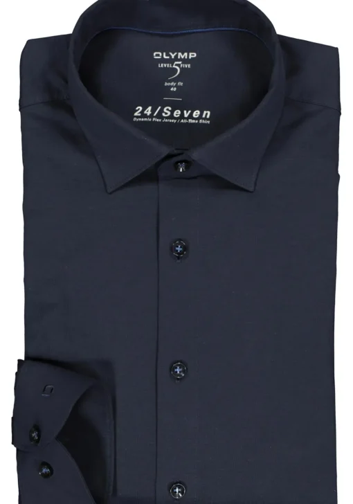 OLYMP Level 5 24/Seven body fit overhemd, mouwlengte 7, marine blauw tricot