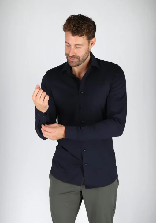 OLYMP Level 5 24/Seven body fit overhemd, mouwlengte 7, marine blauw tricot