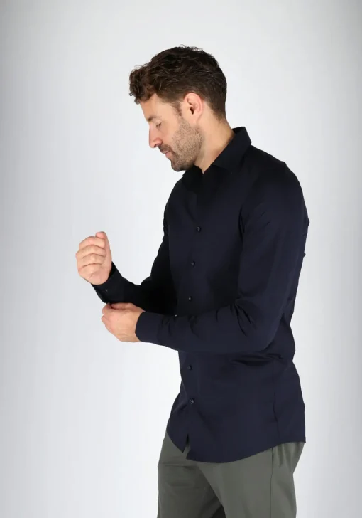 OLYMP Level 5 24/Seven body fit overhemd, mouwlengte 7, marine blauw tricot