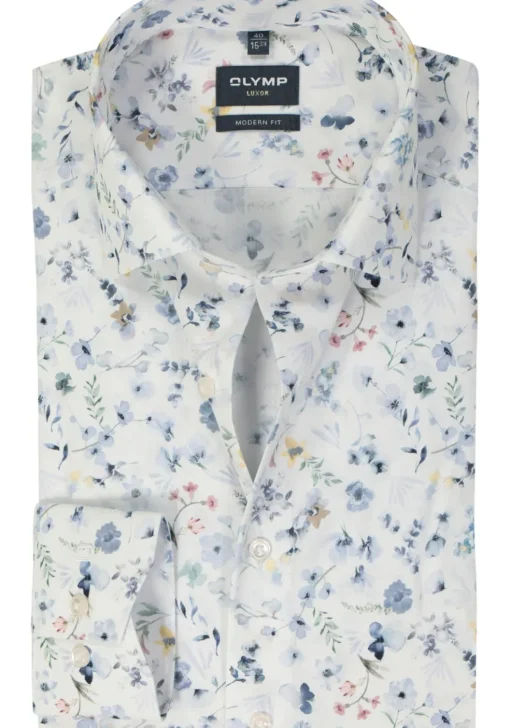 OLYMP modern fit overhemd, mouwlengte 7, popeline, wit dessin