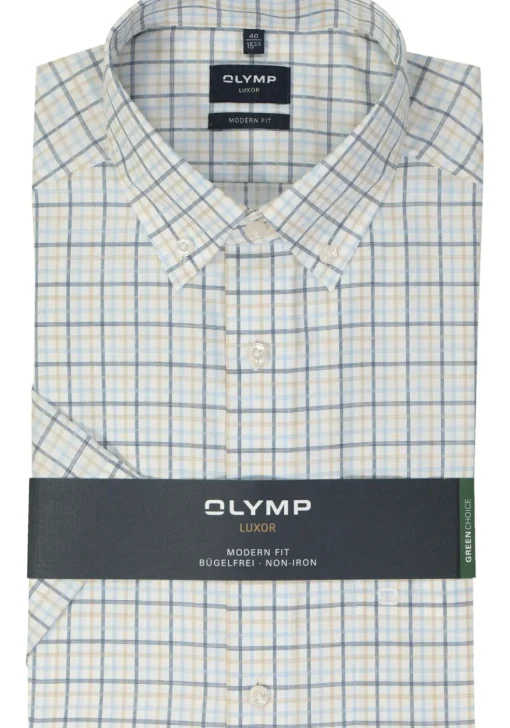 OLYMP modern fit overhemd, korte mouw, popeline, lichtblauw geruit