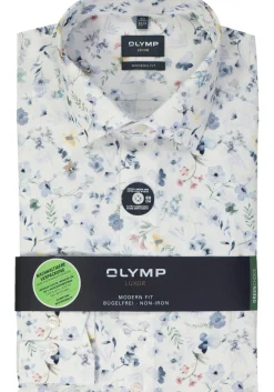 OLYMP modern fit overhemd, mouwlengte 7, popeline, wit dessin