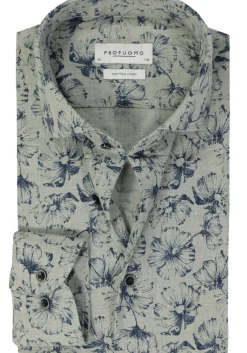 Profuomo slim fit heren overhemd, popeline, groen dessin
