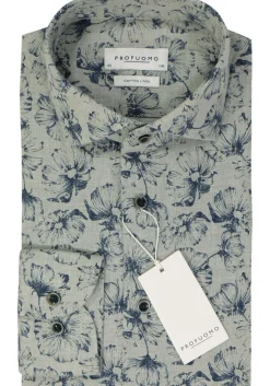 Profuomo slim fit heren overhemd, popeline, groen dessin