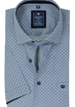 Redmond comfort fit overhemd, korte mouw, popeline, blauw met wit dessin
