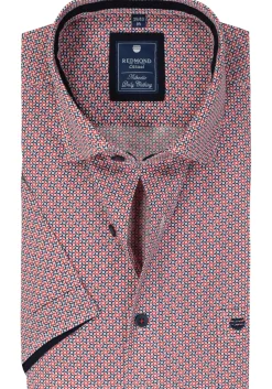 Redmond comfort fit overhemd, korte mouw, popeline, blauw met wit en rood dessin