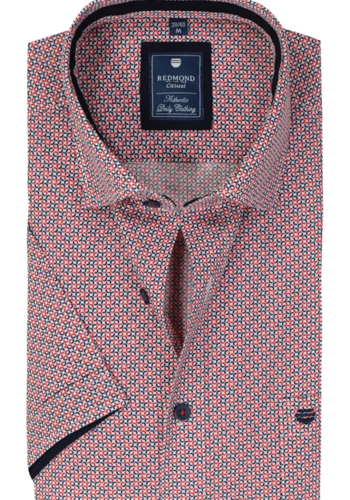 Redmond comfort fit overhemd, korte mouw, popeline, blauw met wit en rood dessin