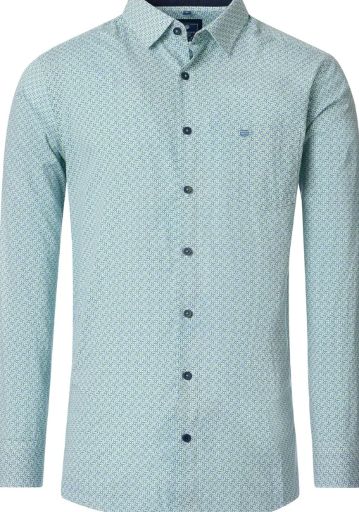 Redmond comfort fit overhemd, popeline, blauw met wit en groen dessin