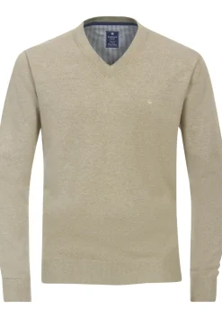 Redmond heren trui katoen, V-hals, beige (middeldik)
