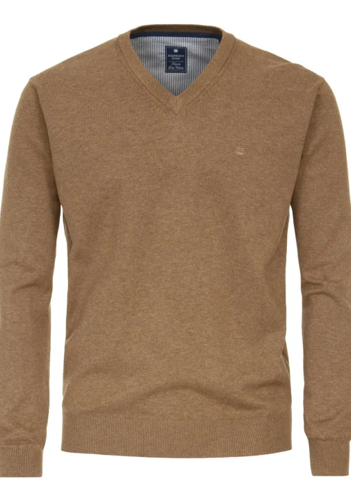 Redmond heren trui katoen, V-hals, camel (middeldik)