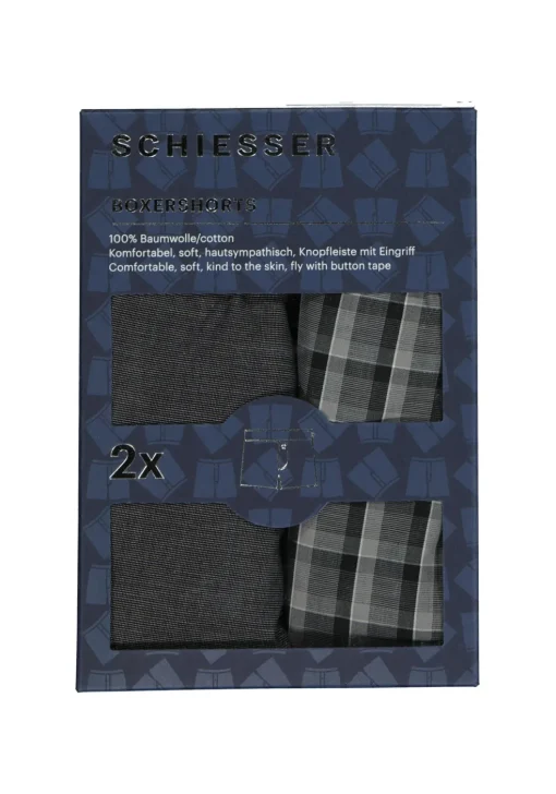 SCHIESSER Cotton Essentials boxershorts wijd (2-pack), klassiek katoen, zwart en geruit