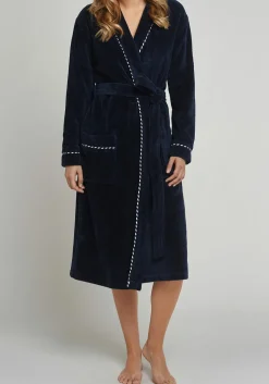 SCHIESSER dames badjas, dun bamboe badstof, donkerblauw met contrast bies
