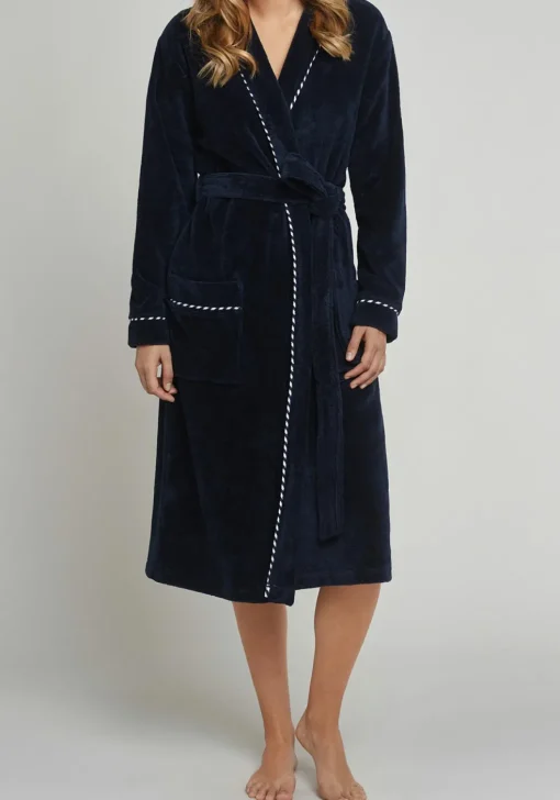 SCHIESSER dames badjas, dun bamboe badstof, donkerblauw met contrast bies