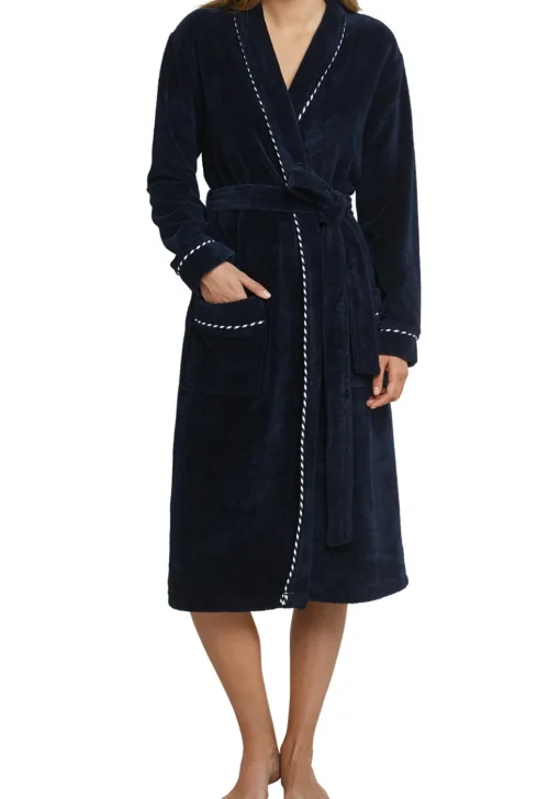 SCHIESSER dames badjas, dun bamboe badstof, donkerblauw met contrast bies