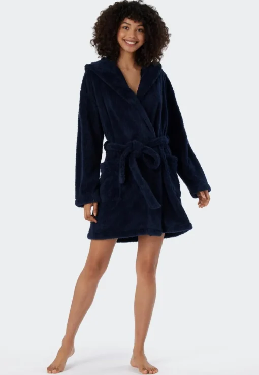 SCHIESSER Essentials badjas, dames kamerjas teddyfleece comfort fit donkerblauw
