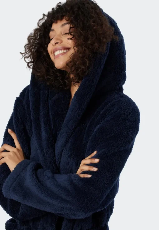 SCHIESSER Essentials badjas, dames kamerjas teddyfleece comfort fit donkerblauw