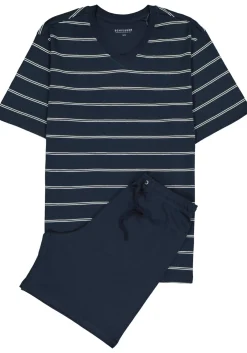SCHIESSER heren shortama, V-hals, blauw met wit gestreept