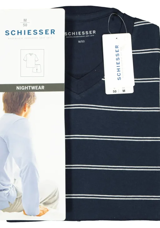SCHIESSER heren shortama, V-hals, blauw met wit gestreept