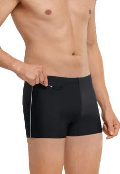 SCHIESSER nautisch casual heren badkleding, retro zwembroek met ritszakje in gerecyclede tricot fijne strepen zwart