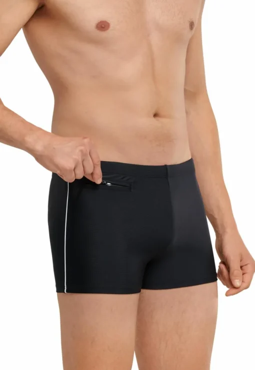 SCHIESSER nautisch casual heren badkleding, retro zwembroek met ritszakje in gerecyclede tricot fijne strepen zwart