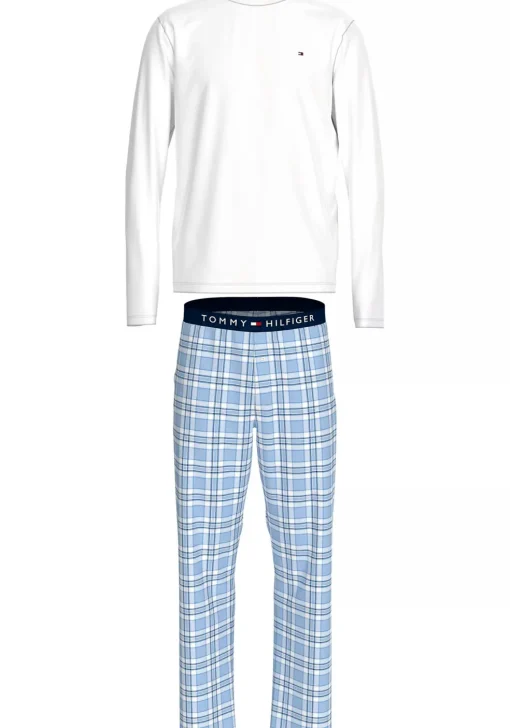 Tommy Hilfiger heren pyjama O-hals, wit shirt met blauw met wit geruite broek