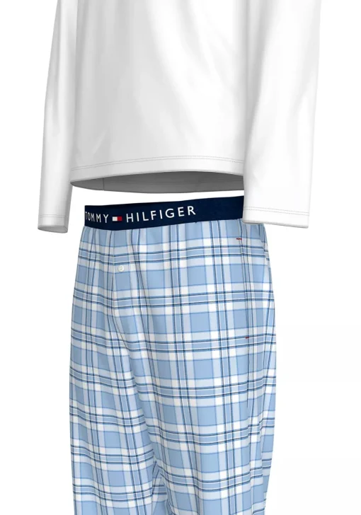Tommy Hilfiger heren pyjama O-hals, wit shirt met blauw met wit geruite broek
