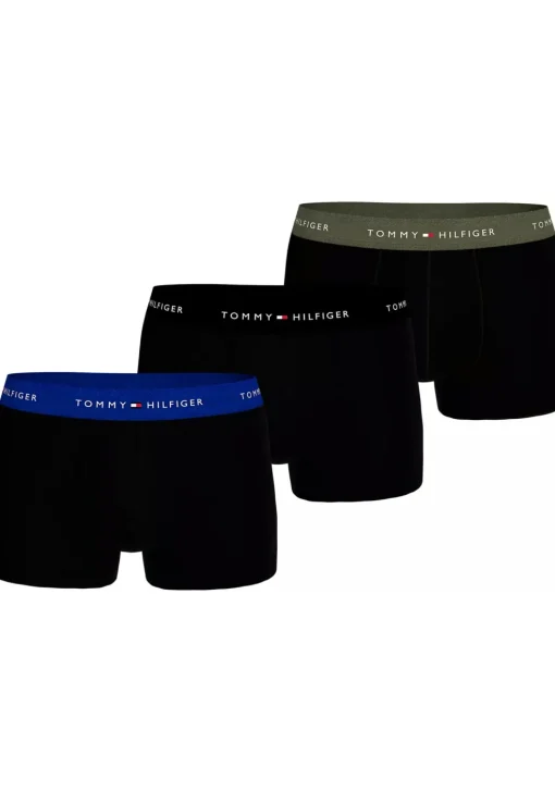 Tommy Hilfiger trunks (3-pack), heren boxers normale lengte, zwart met gekleurde tailleband