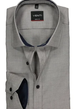 VENTI body fit overhemd, donkerblauw met wit en beige structuur (contrast)