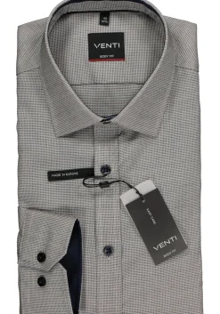 VENTI body fit overhemd, donkerblauw met wit en beige structuur (contrast)