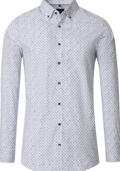 VENTI body fit overhemd, popeline, wit met blauw en beige dessin